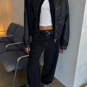 Top Model Low Rise Straight Leg Cuffed Jean Dark Denim