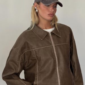 Goldsmith Faux Leather Bomber Jacket Washed Dark Brown