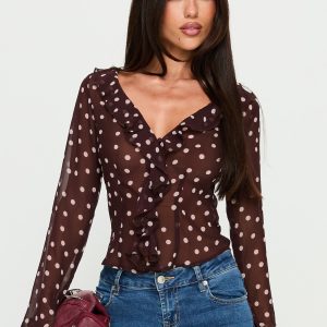 Corazon Sheer Frill Long Sleeve Top Burgundy Polka