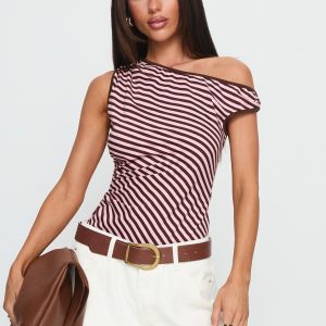 Ayviana One Shoulder Bodysuit Pink / Brown Stripe