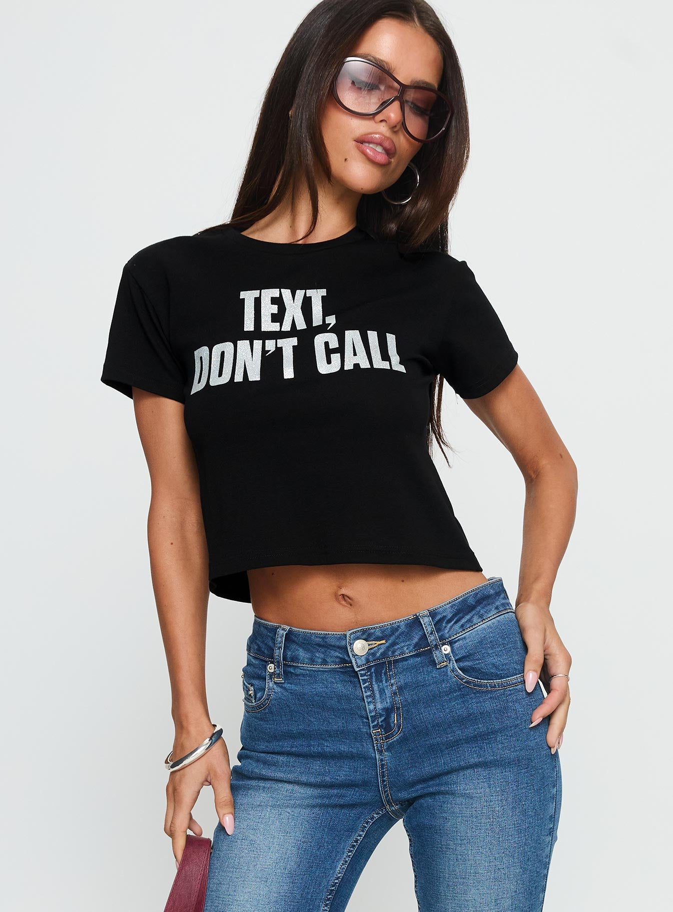 Text. Don't Call Shimmer Graphic Top Black - Image 2