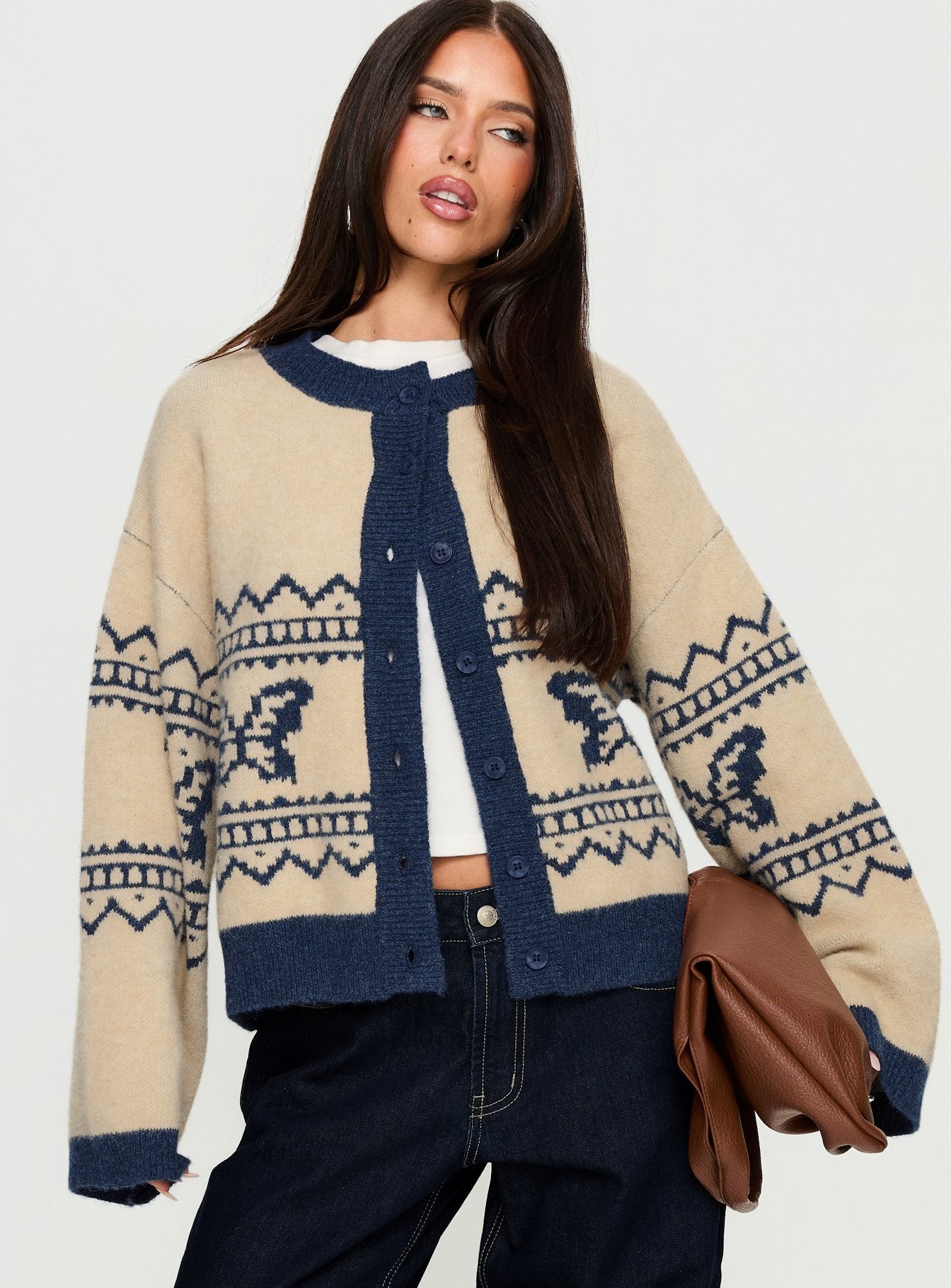 Wynoni Alpine Knit Cardigan Beige / Navy