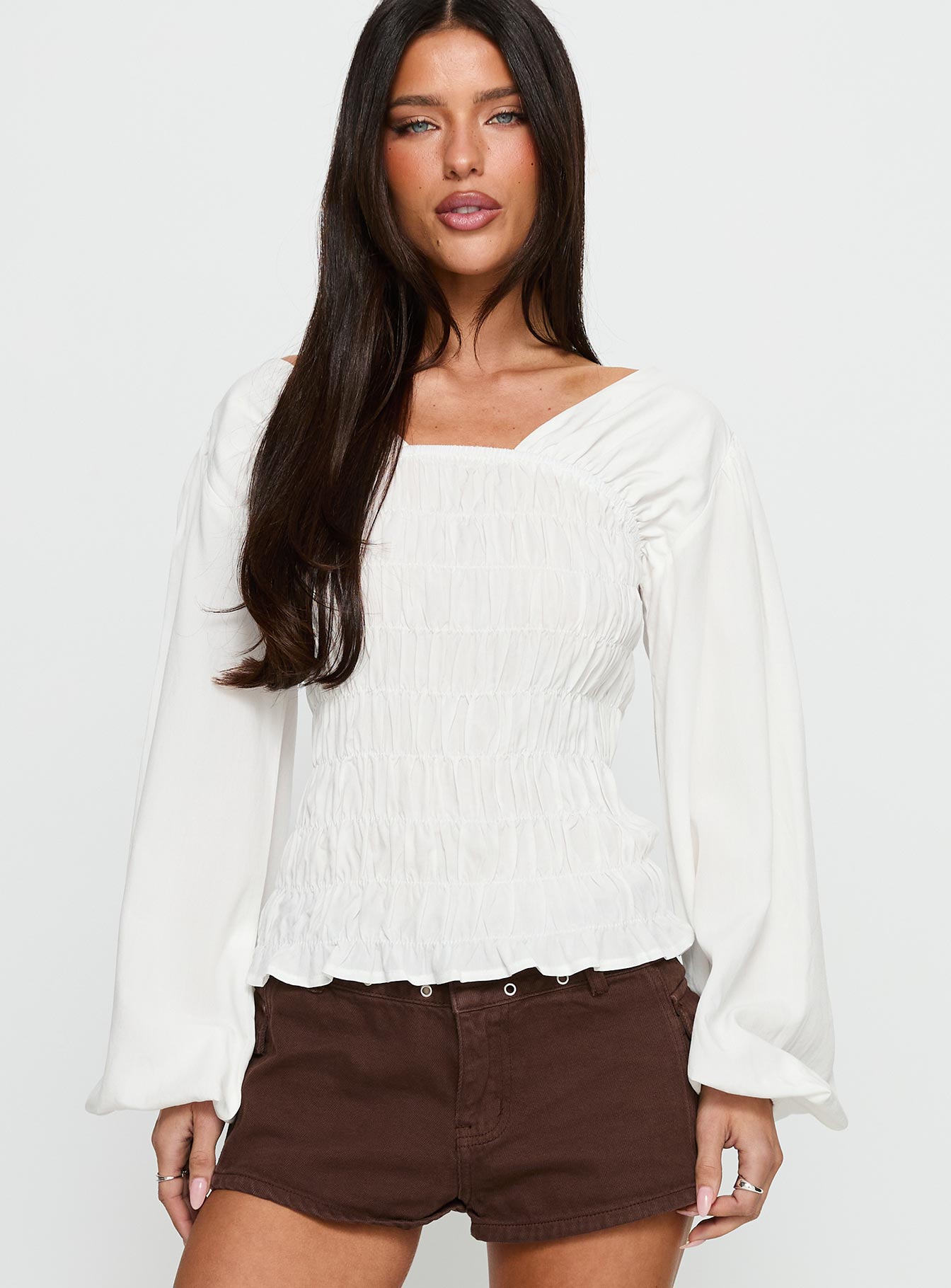 Lynnea Long Sleeve Shirred Top White - Image 2