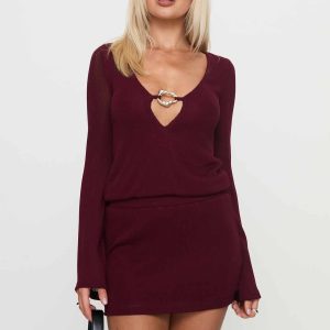 Charming Long Sleeve Mini Dress Maroon