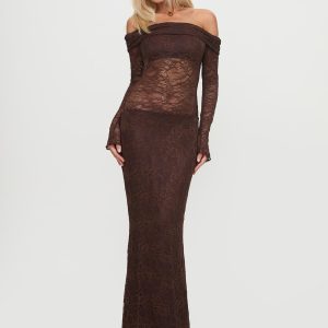 Make Your Mark Off Shoulder Maxi Dress Chocolate
