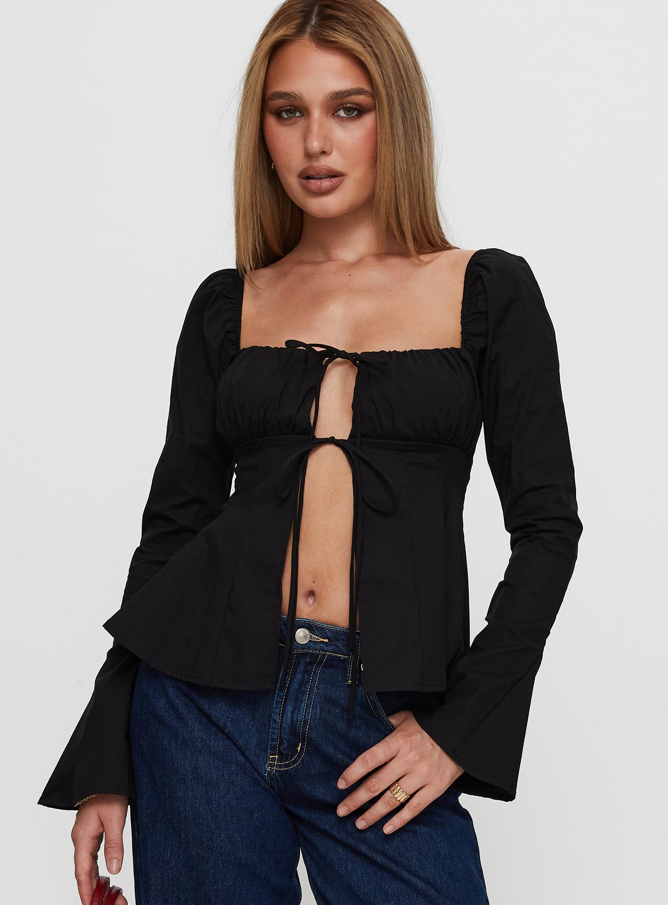 Lilibette Tie Up Long Sleeve Top Black - Image 2