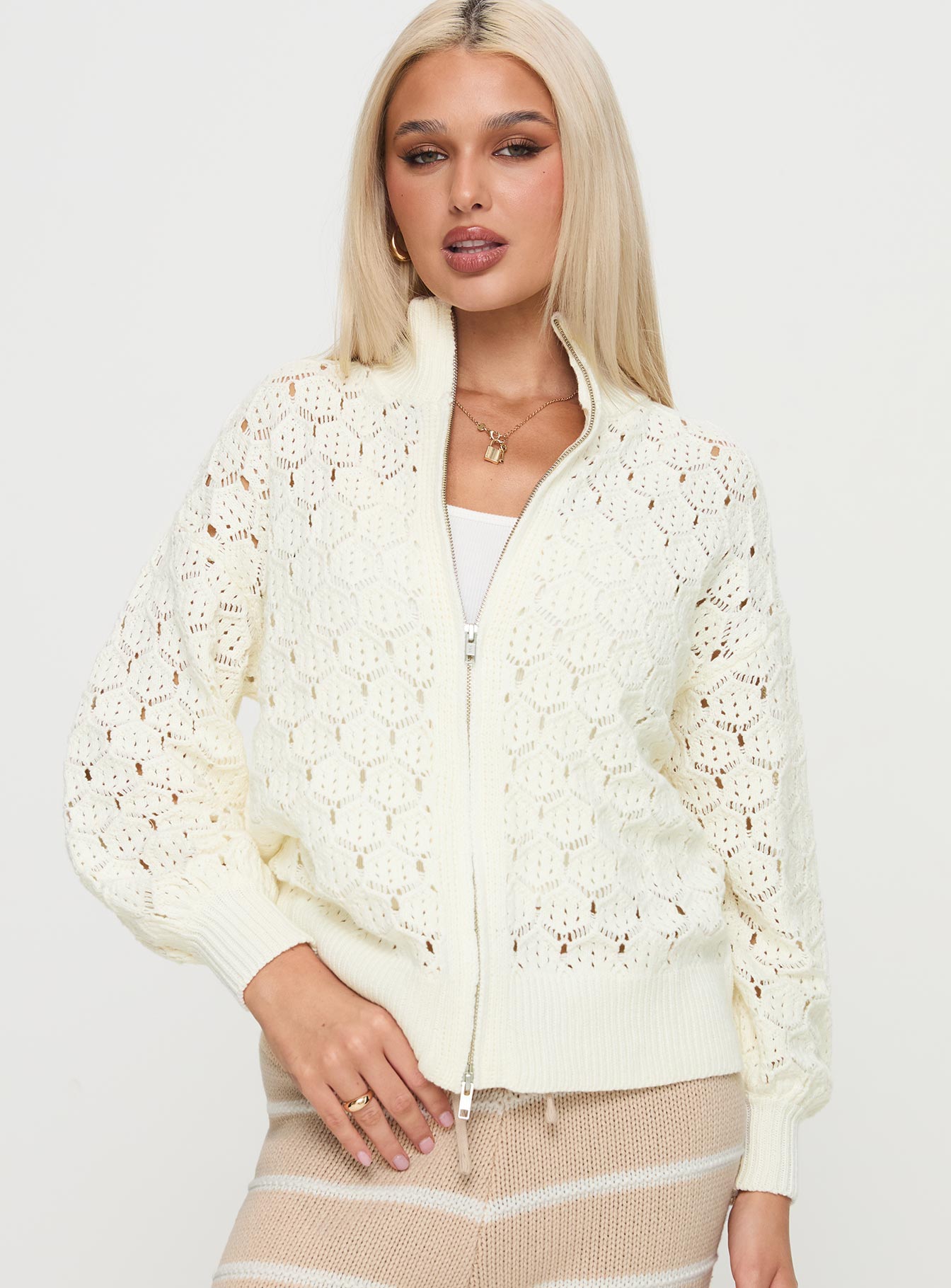 Sirena Zip Through Knit Sweater Cream - Image 2