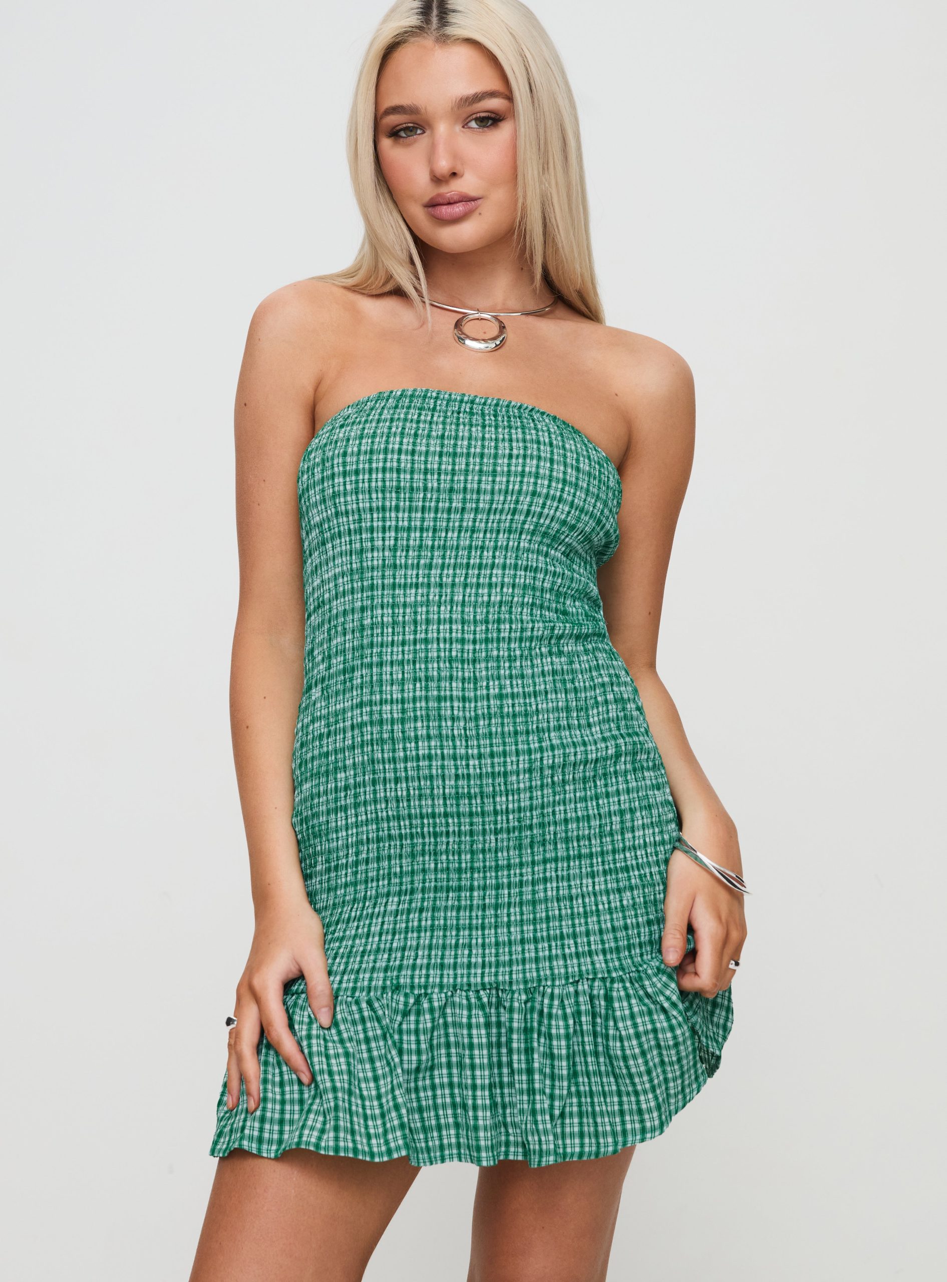 Porschia Strapless Mini Dress Green Check - Image 2