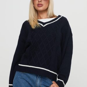 Covina V Neck Knit Sweater Navy