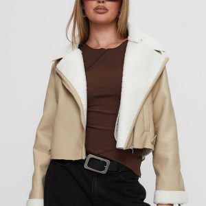 Shearling Trim Faux Leather Jacket Beige