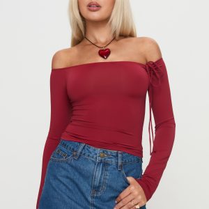 Where You At Off Shoulder Long Sleeve Top Red