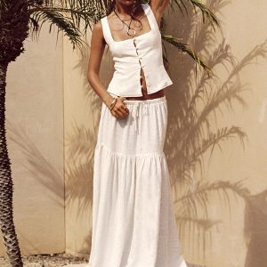 Tearose Linen Blend Maxi Skirt White
