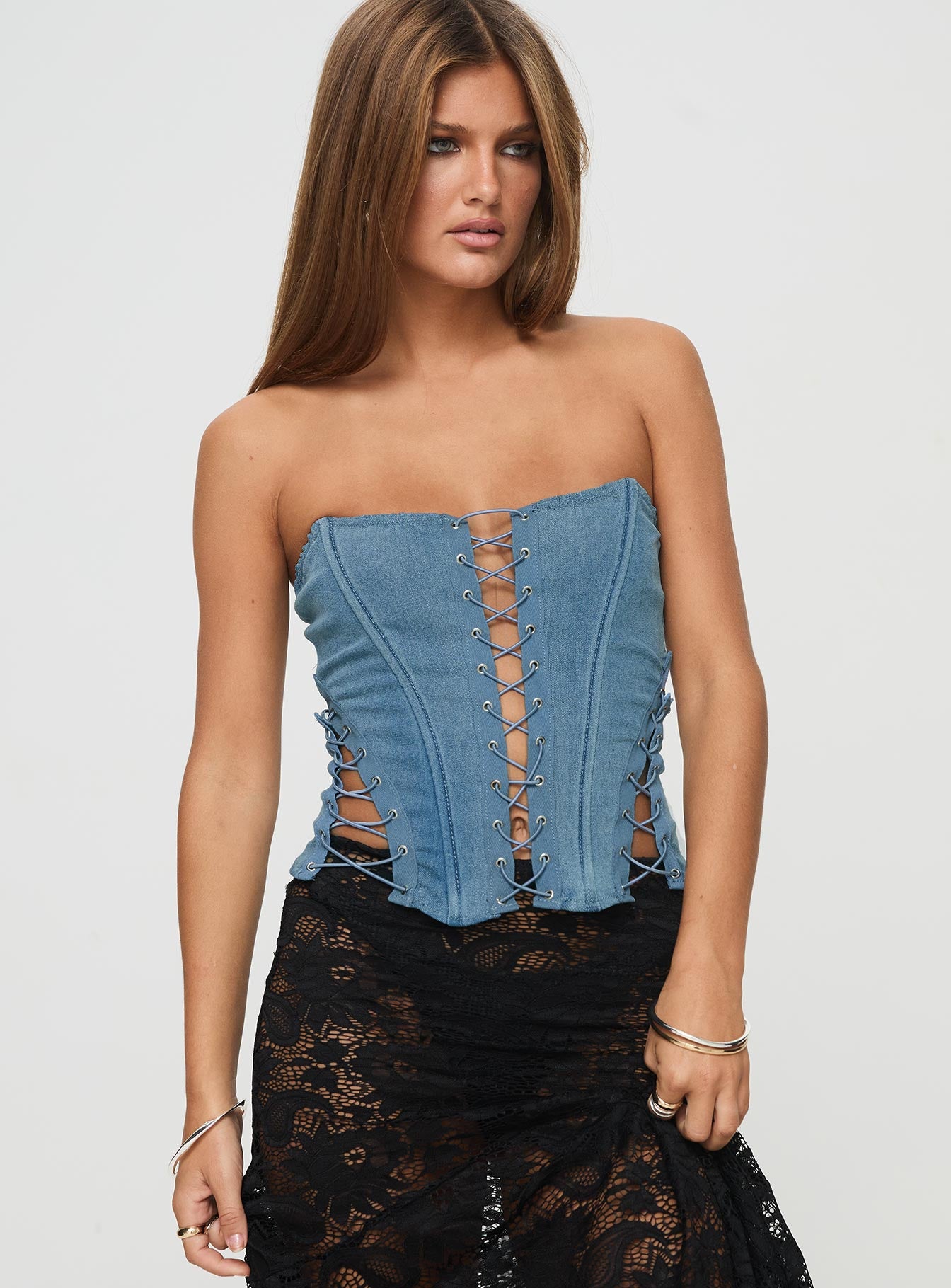 Eden Lace Up Corset Denim Mid Wash - Image 2
