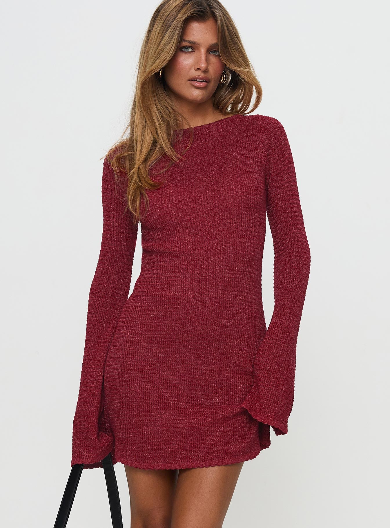 Rhapsody Long Sleeve Knit Mini Dress Red - Image 2