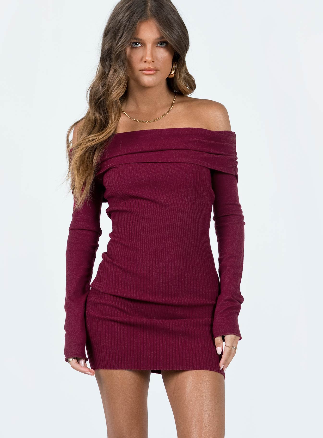 Camtel Off The Shoulder Mini Dress Burgundy - Image 2