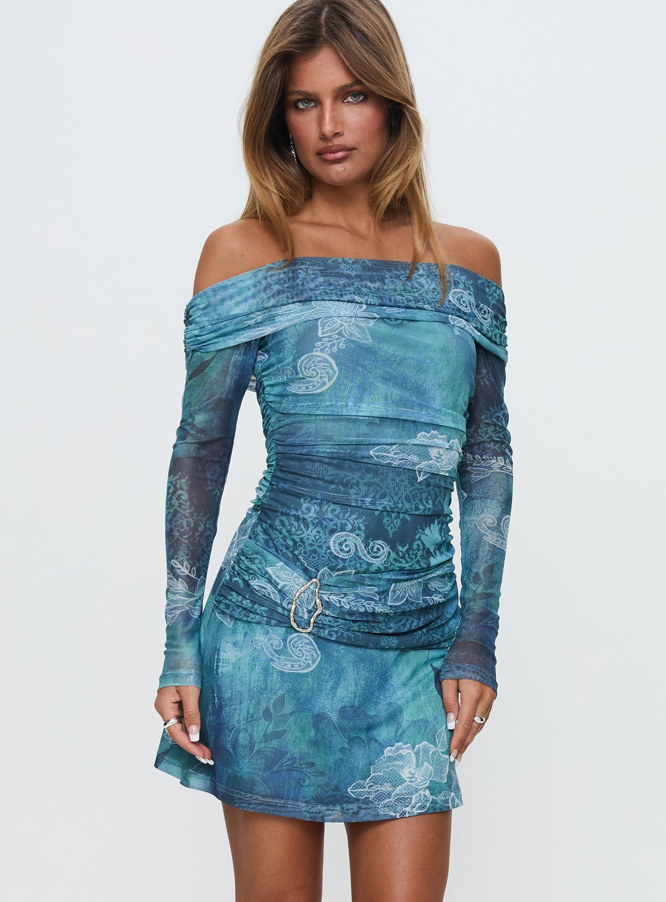 Olympique Long Sleeve Mini Dress Blue Multi - Image 2