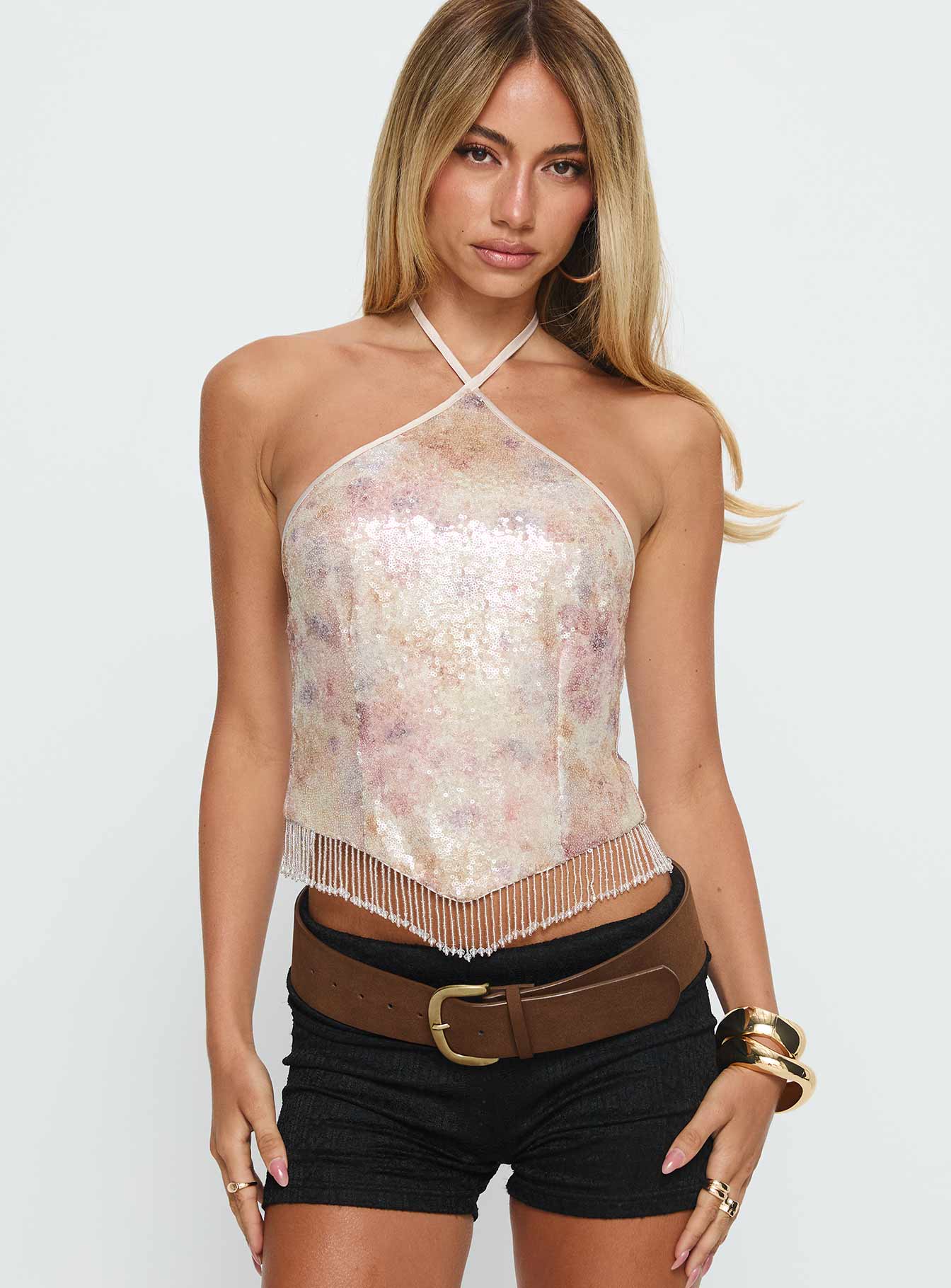 Udelle Sequin Fringey Halter Top Cream Sequin - Image 2