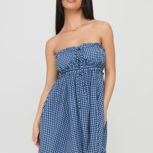 Held My Breath Strapless Babydoll Mini Dress Blue Gingham