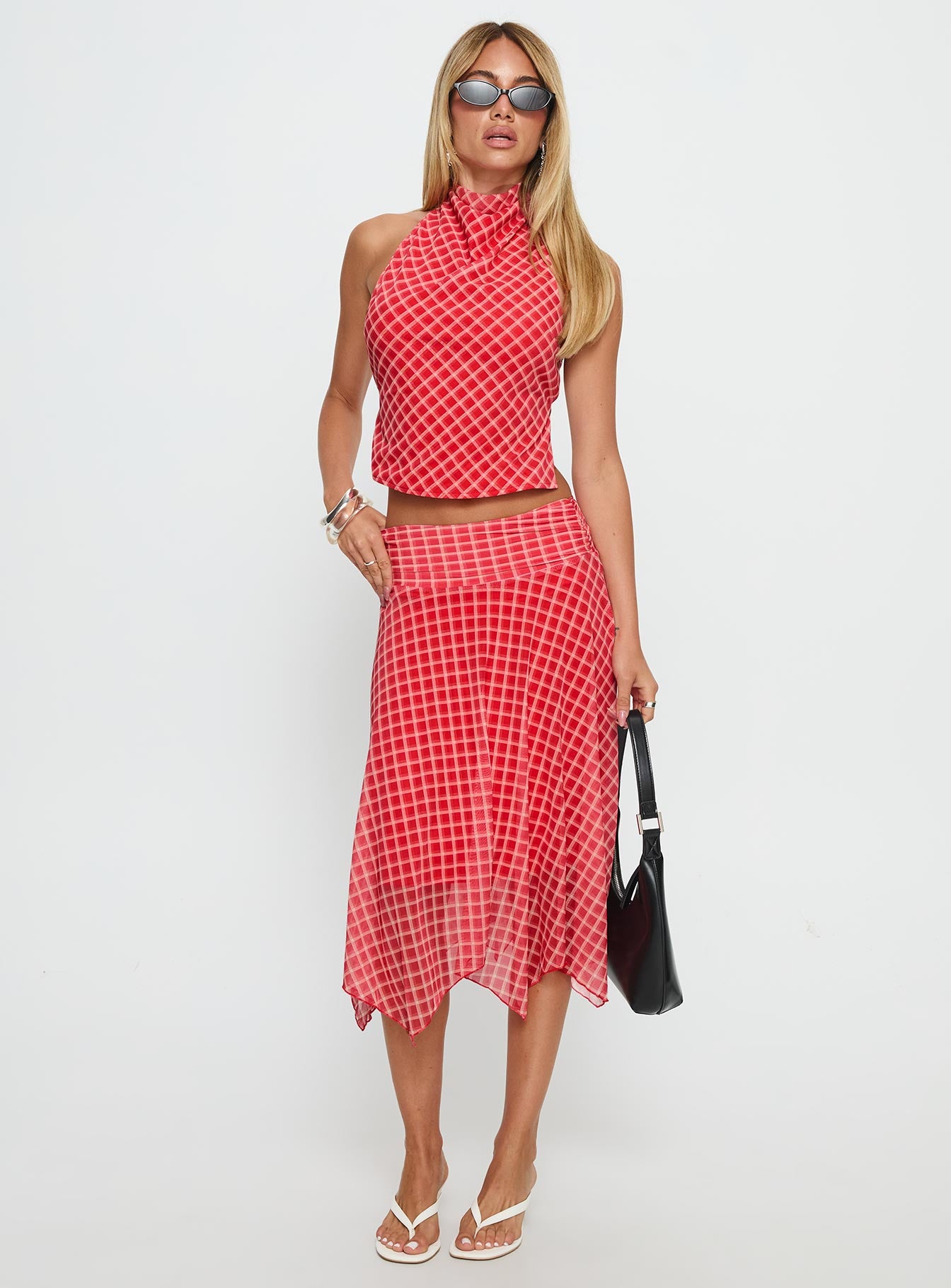 Scenic Route Asymmetrical Midi Skirt Red Check - Image 2