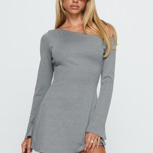 Adrietta Off Shoulder Long Sleeve Mini Dress Grey Marle