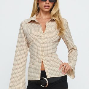 Eryx Tie Back Button Up Top Apricot Check