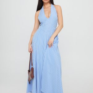 Ivie Halter Plunge Maxi Dress Blue Stripe