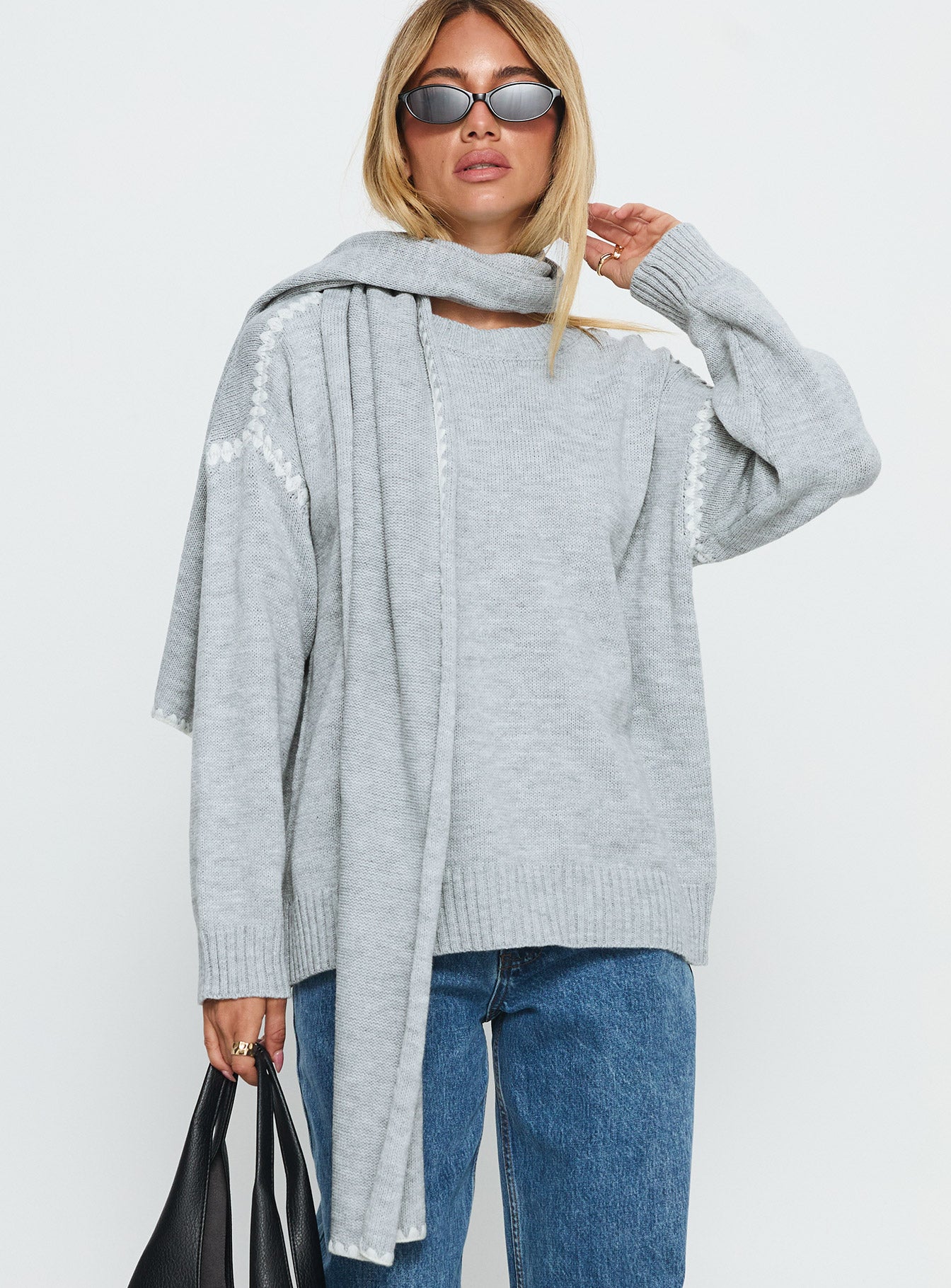 Keriana Contrast Stitch Knit Sweater Grey / White - Image 2