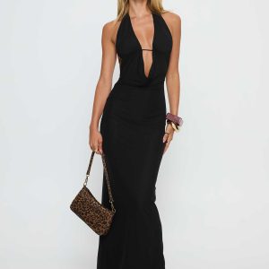 Stroke of Fate Plunge Halter Maxi Dress Black