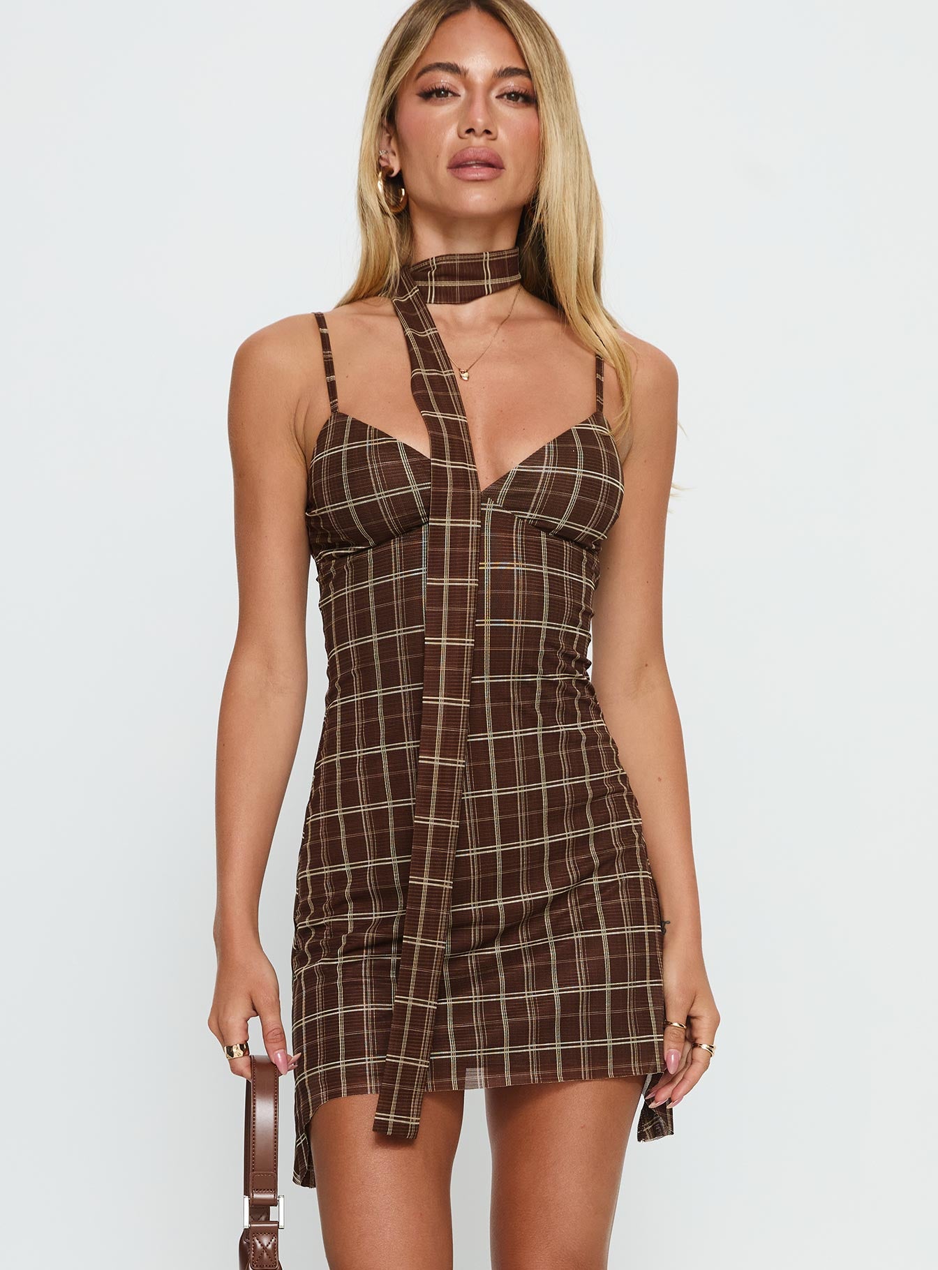 Love Unknown Scarf Tie Mini Dress Brown Check - Image 2