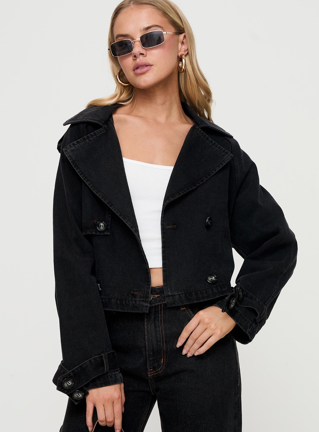 Too Soon Cropped Trench Washed Black - Image 2