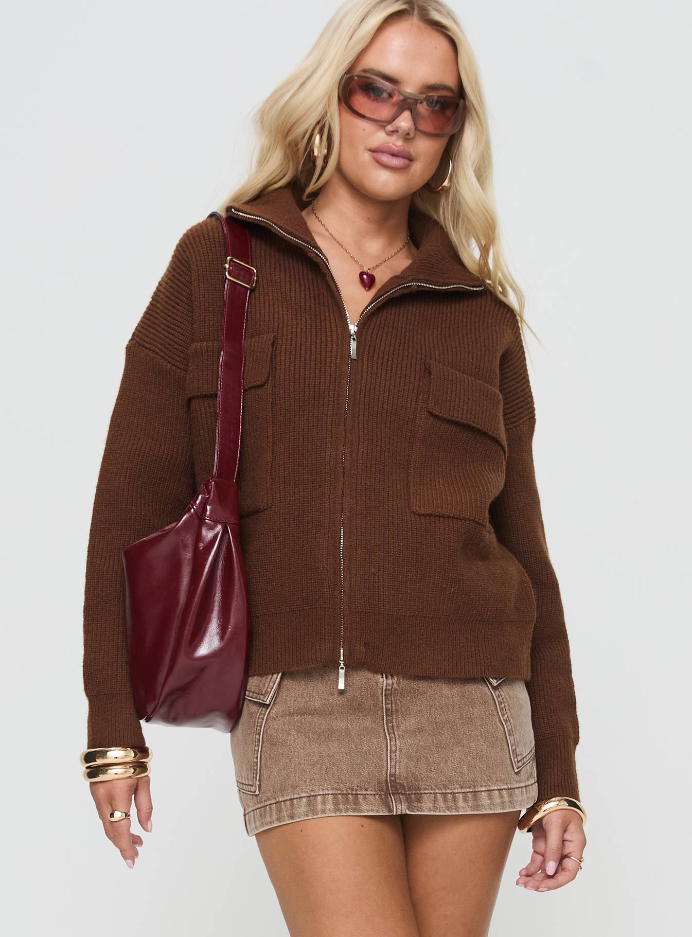 Too Busy Zip Up Sweater Chocolate - Image 2