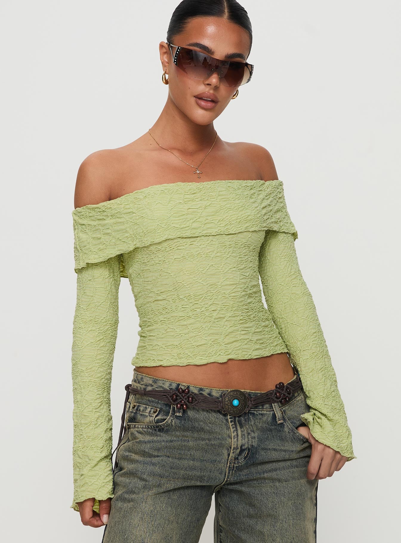 Back With Love Off Shoulder Long Sleeve Top Green - Image 2