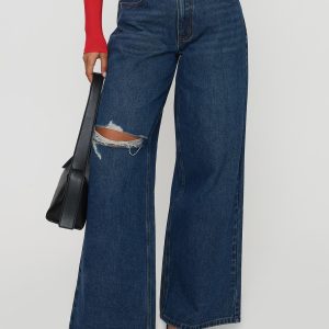 Naylor Rip Mid Rise Wide Leg Jeans Dark Blue Wash