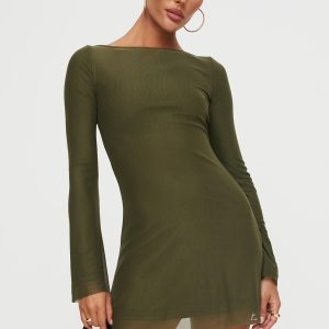 Lukea Long Sleeve Mesh Mini Dress Olive