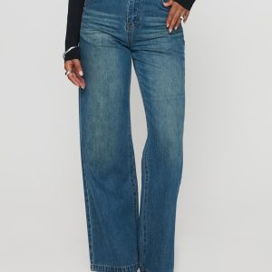 Hustler High Rise Straight Leg Denim Jean Washed Blue
