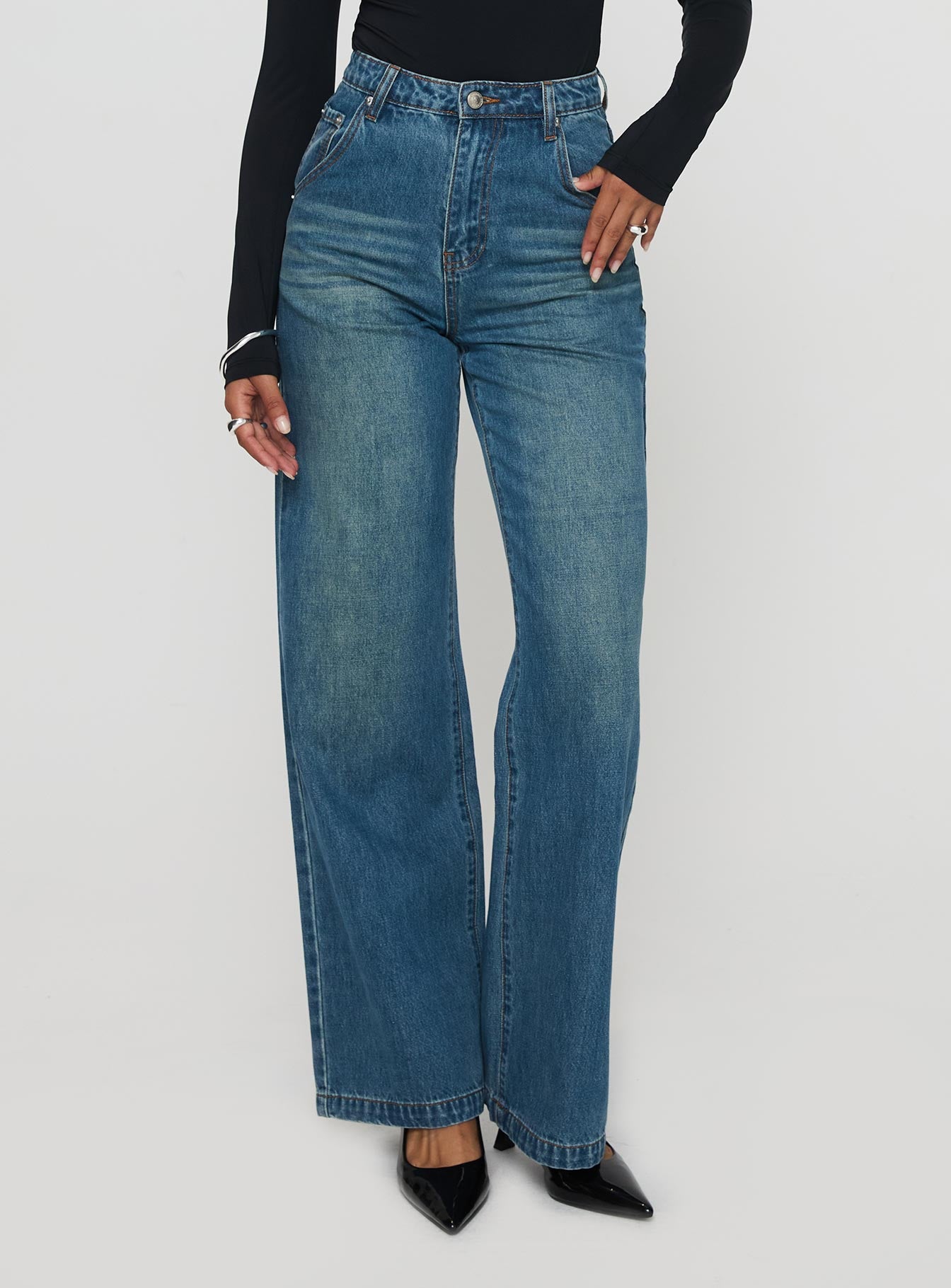 Hustler High Rise Straight Leg Denim Jean Washed Blue