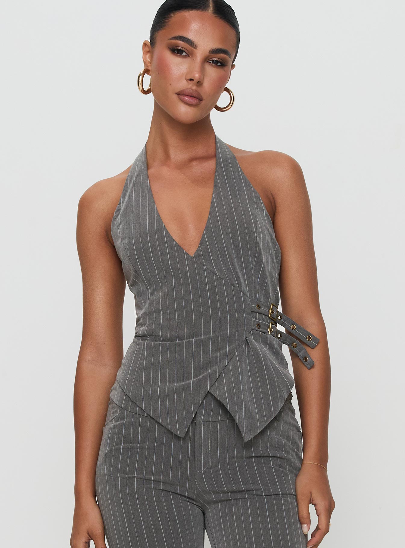 Calexico Buckle Halter Top Grey Pinstripe - Image 2