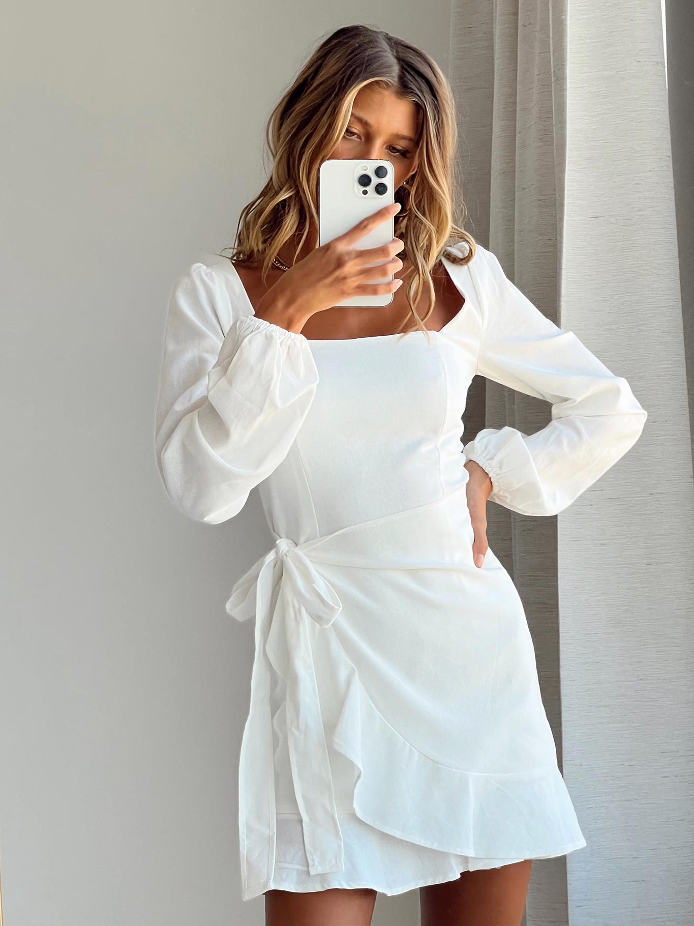 The Villa Long Sleeve Mini Dress White