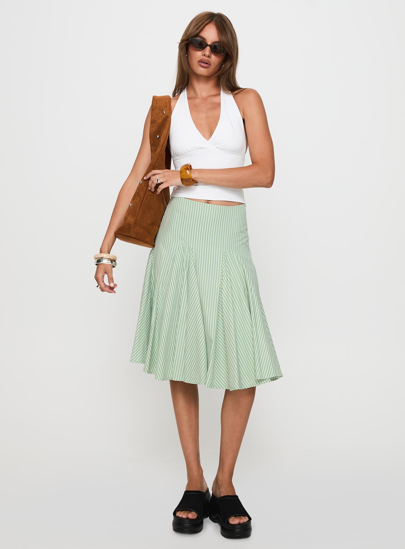 Evangaleine Pleat Midi Skirt Green / White - Image 2