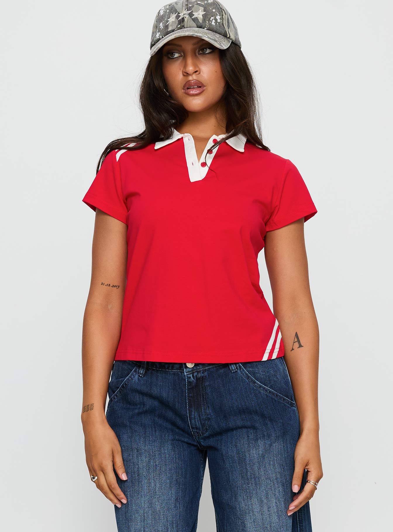Learn Your Lesson Contrast Collared Top Red / White - Image 2