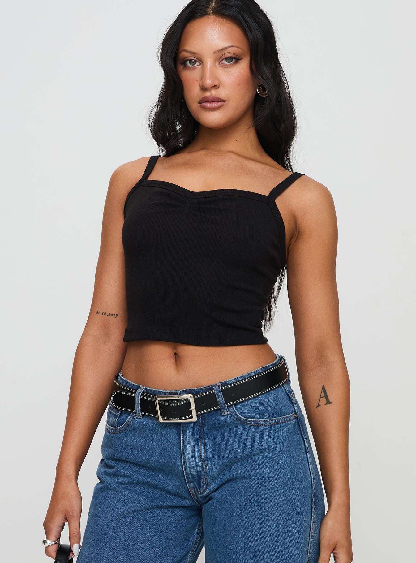 Essentials Ruched Rib Cami Top Black - Image 2