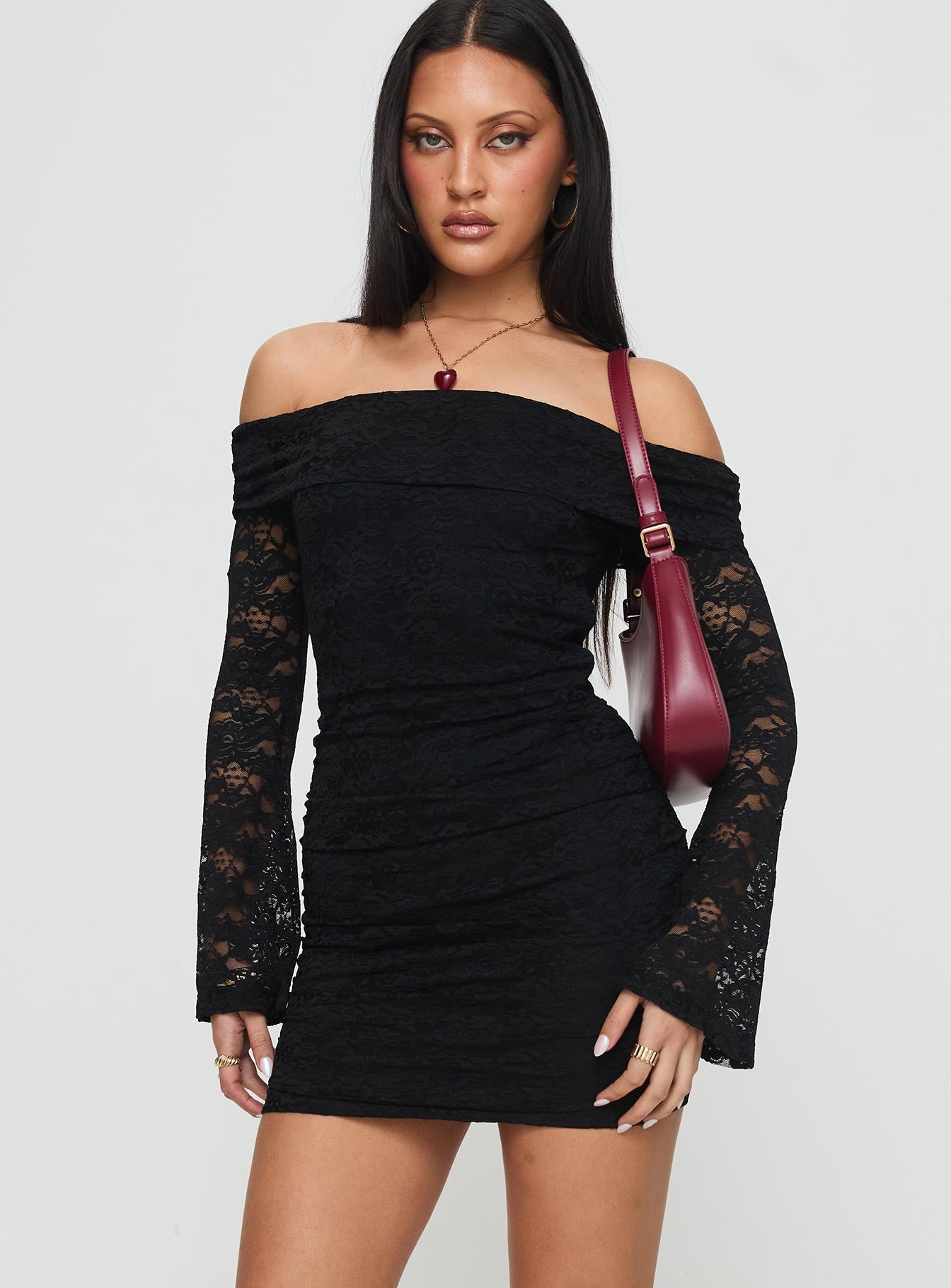 Fable Long Sleeve Off Shoulder Mini Dress Black - Image 7