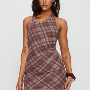 Kastles Halter Cut Out Mini Dress Brown Check