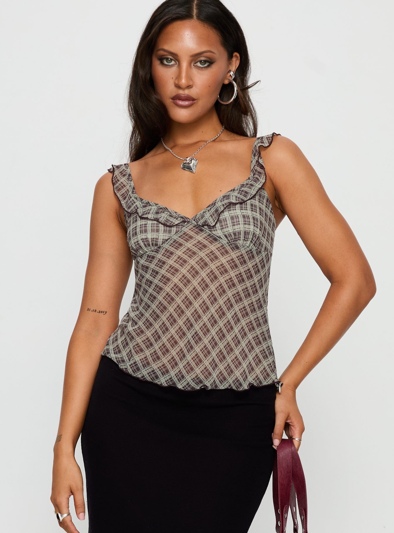 Zayliah Frill Detail Top Wine Check - Image 2