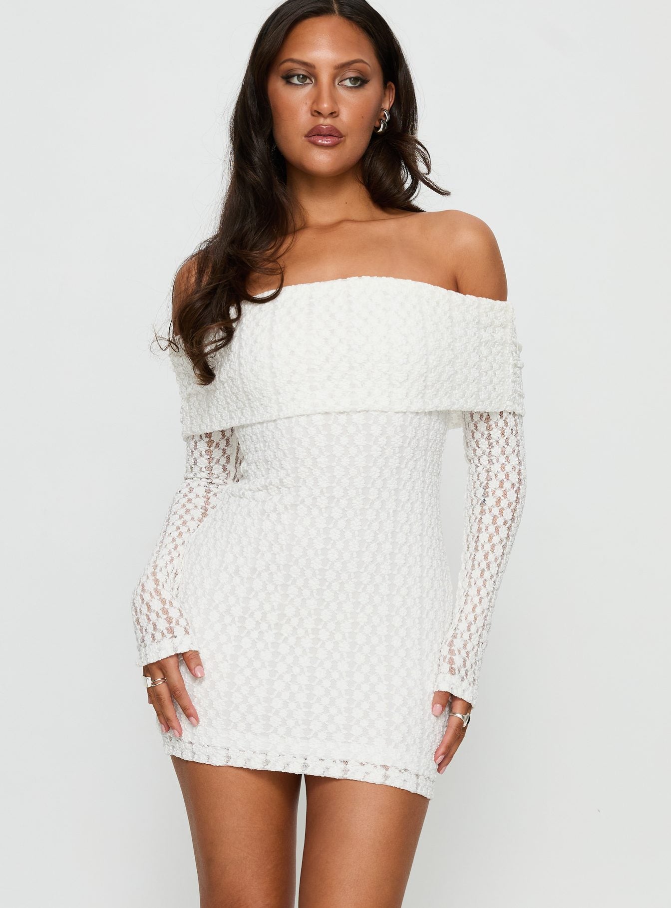 Leora Off Shoulder Long Sleeve Mini Dress White - Image 2
