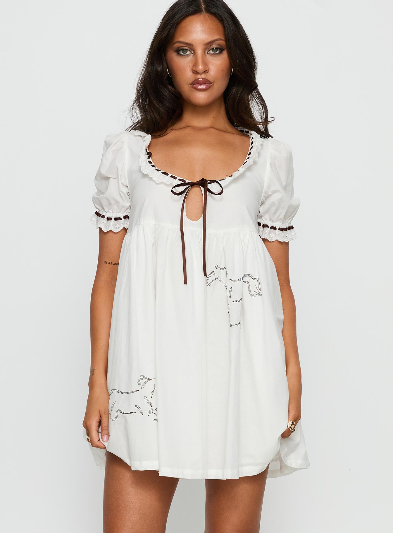 Cloudy Babydoll Contrast Trim Mini Dress White - Image 2