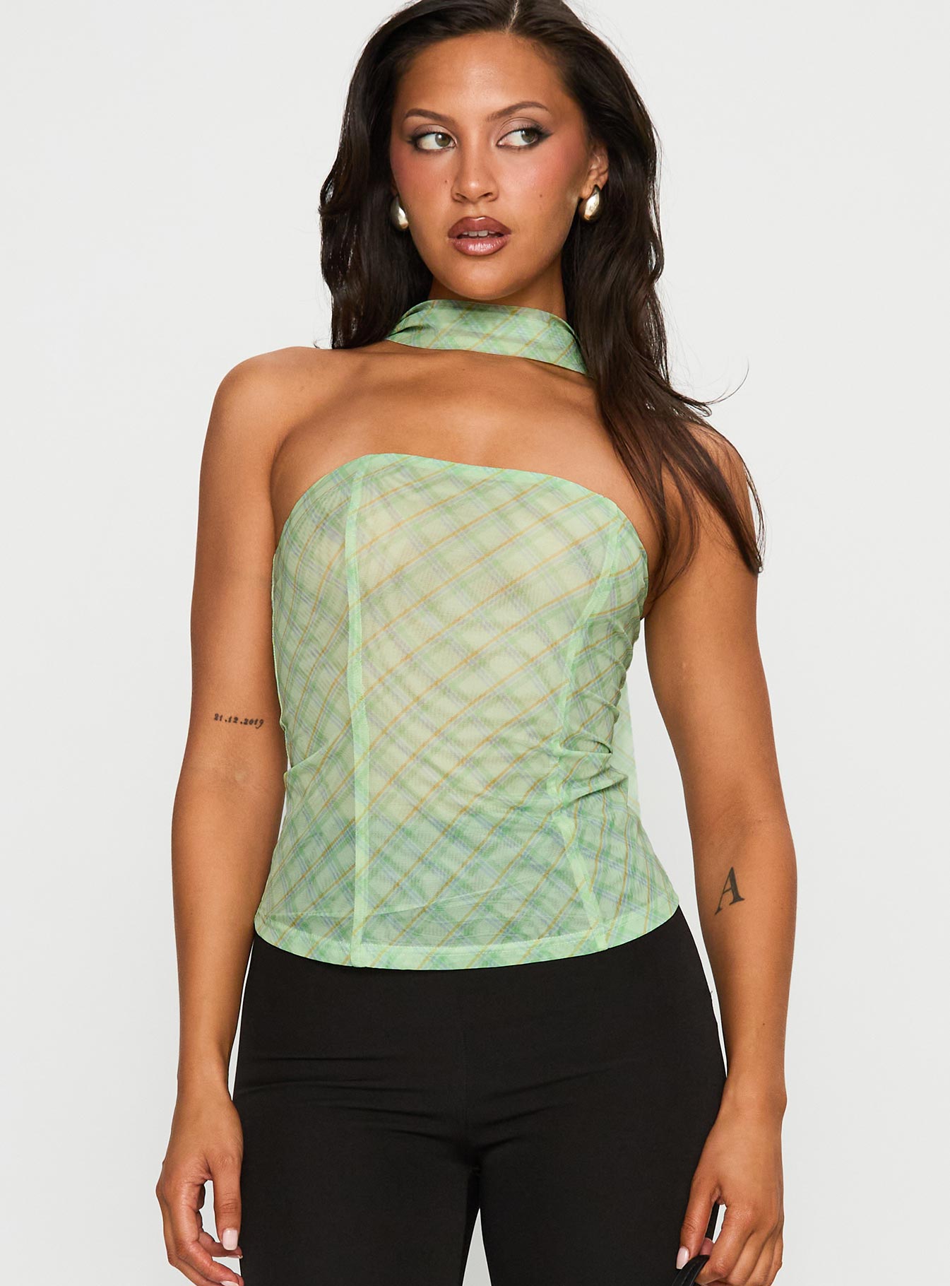 No Comparison Neck Tie Strapless Top Green Check - Image 2