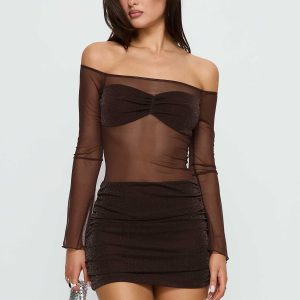 Briseida Mesh Long Sleeve Mini Dress Chocolate