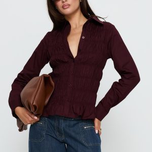 Cultivate Shirred Long Sleeve Top Plum