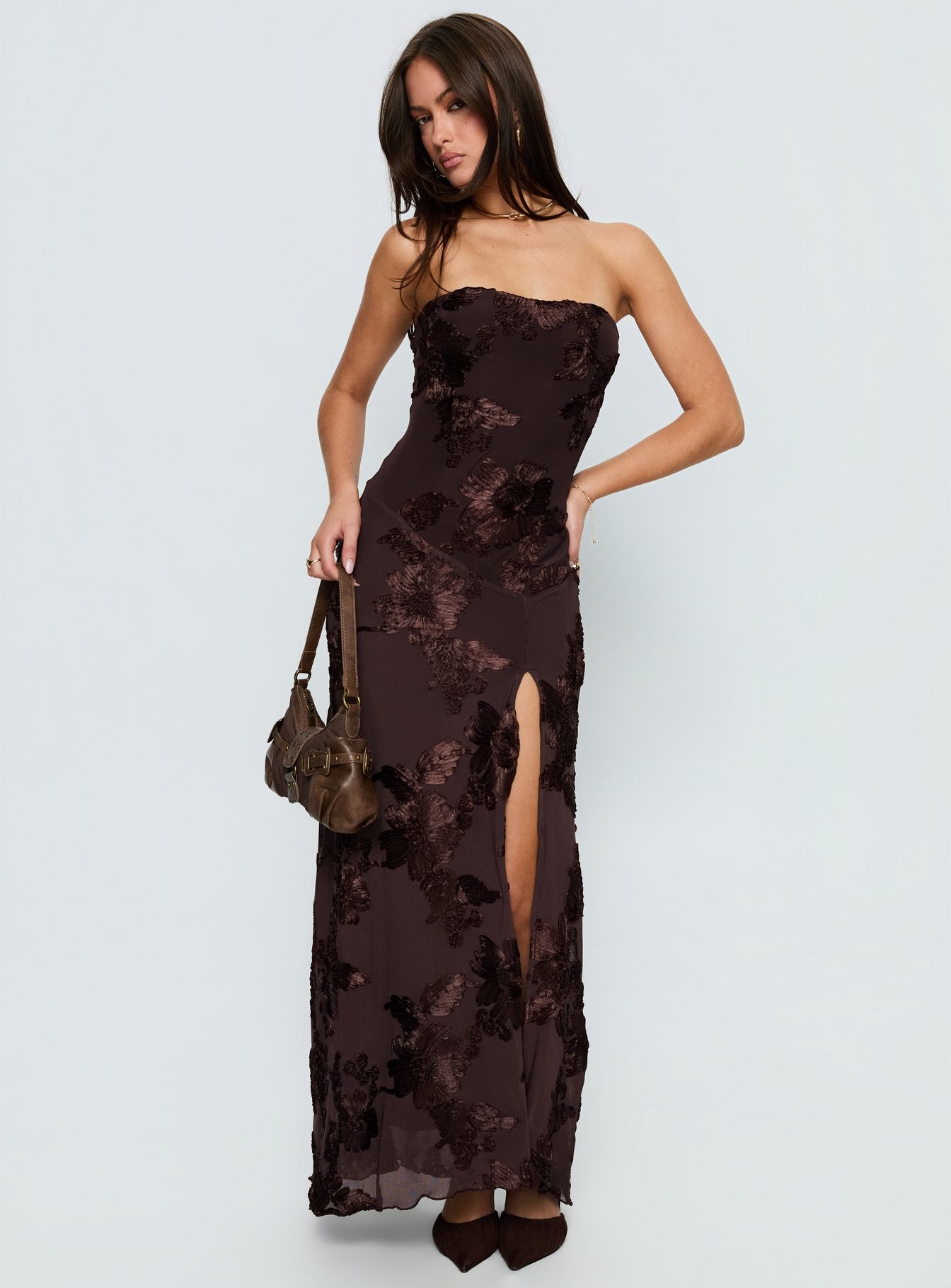 Maribeth Strapless Floral Maxi Dress Chocolate Brown - Image 2